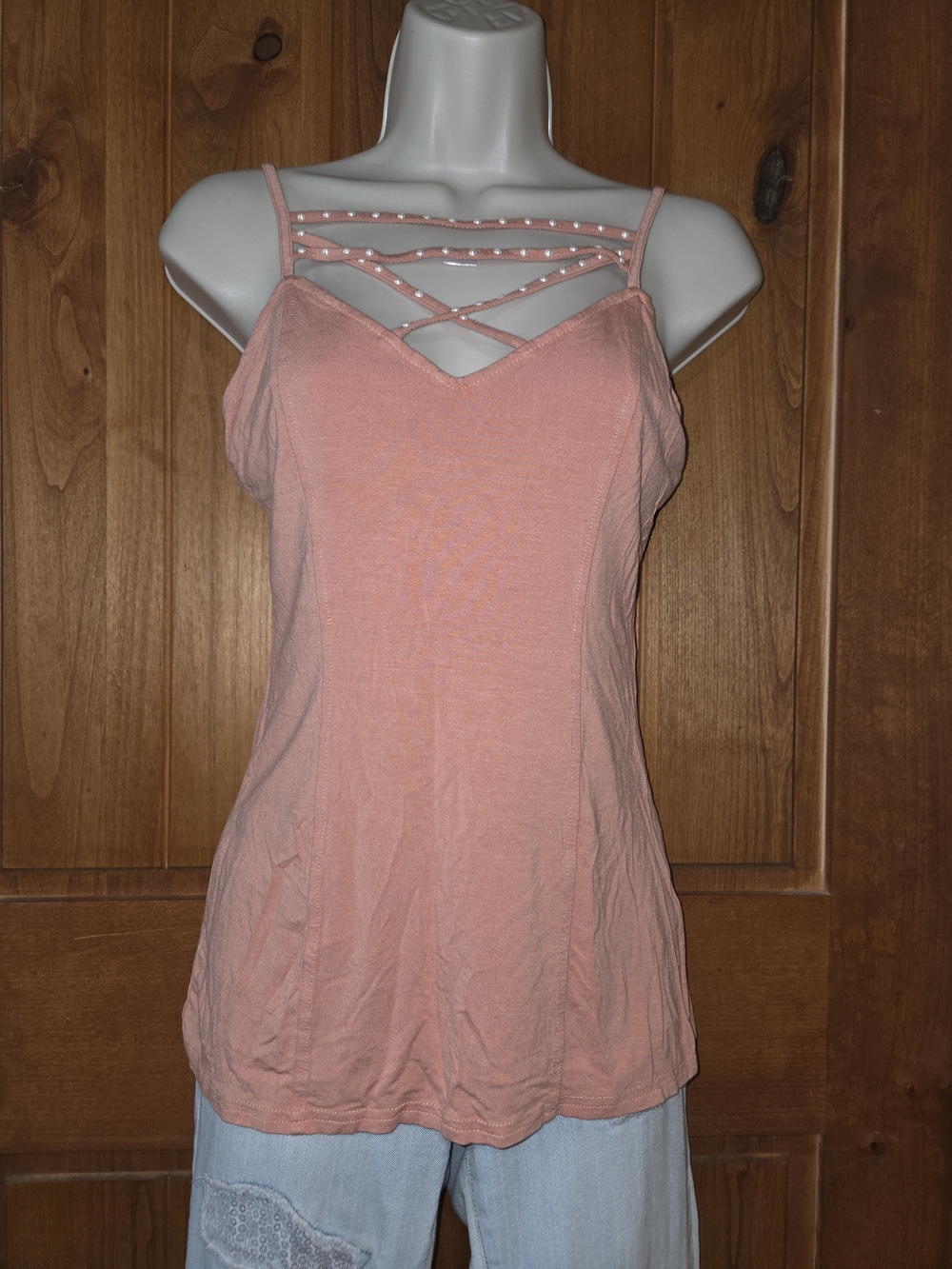 BKE Peach-Pink Strappy Pearl-Accent Camisole